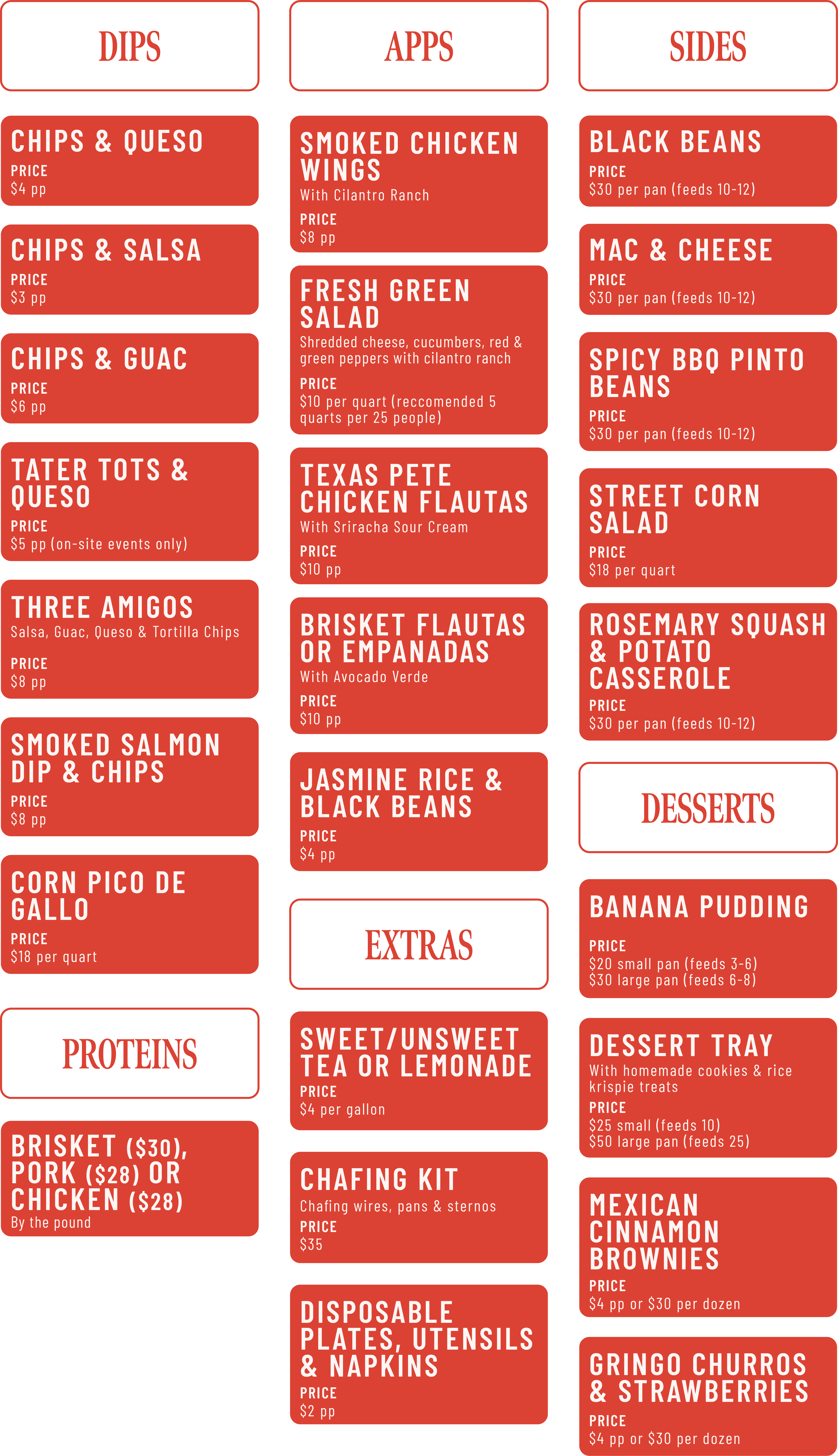 a la carte catering menu - dips, apps, sides, proteins, desserts and extras